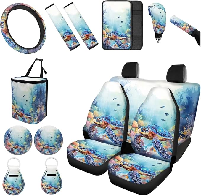 Forchrinse Hawaiian Starfish Beach Car Seat Covers - Front & Back with Steering Wheel, Armrest, Seatbelt, Handbrake & Gear Shift Covers - Garbage Can - Fits Most Vehicles