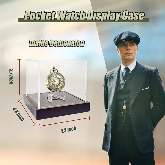 Acrylic Pocket Watch Display Case with Wooden Base - UV Protected Showcase & Protect Watches, Coins, Medals, Cards (4.3"x4.3"x3.7" Inside)