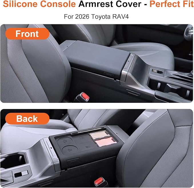 Center Console Thin Silicone Rubber Armrest Cover for 2026 Toyota RAV4 Hybrid&RAV4 Plug-in Hybrid with Organized Compartments - [Full Coverage Fit&OEM Texture Design] - Black
