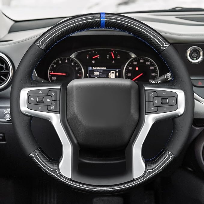 MEWANT Steering Wheel Cover for Chevy Silverado 1500 2019-2024/2500 3500 2020-2024/Blazer 2019-2024/Suburban Tahoe 2021-2024 Carbon Fiber Hand-Stitched Steering Wheel Wrap