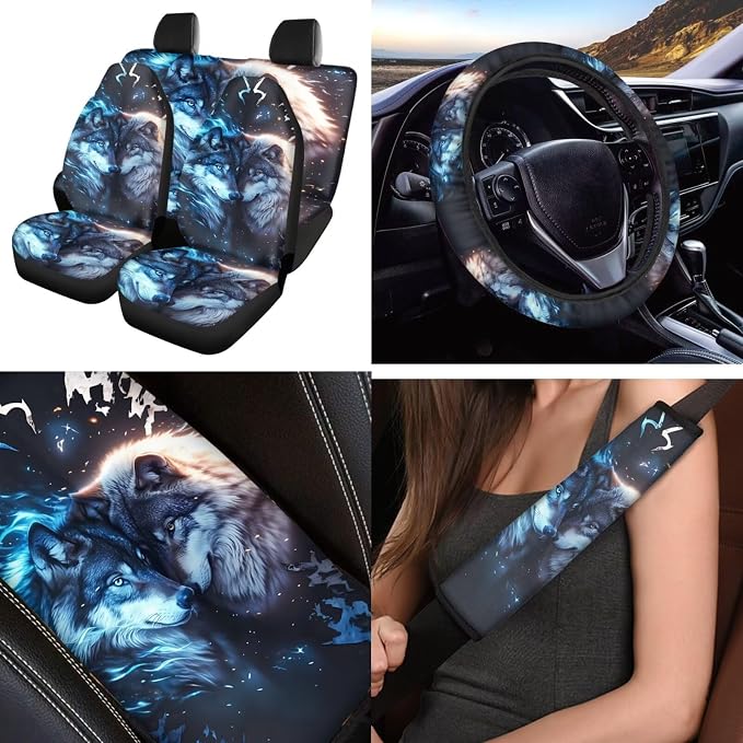 Cool Wolf 12 Pcs Car Seat Cover Set with Auto Steering Wheel Cover Armrest Cushion Cup Coasters Protector Seat Belt Covers,Automotive Interior Sets Universal Fit Most Cars SUV