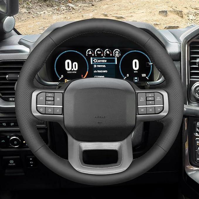 Black Genuine Leather Carbon Fiber Steering Wheel Cover for Ford F-150 2021-2026 /Ford F-250 F-350 F-450 F-55- F600 2023 20242025 2026 /Ford Expedition 2022-2024 Accessories Custom OEM Parts
