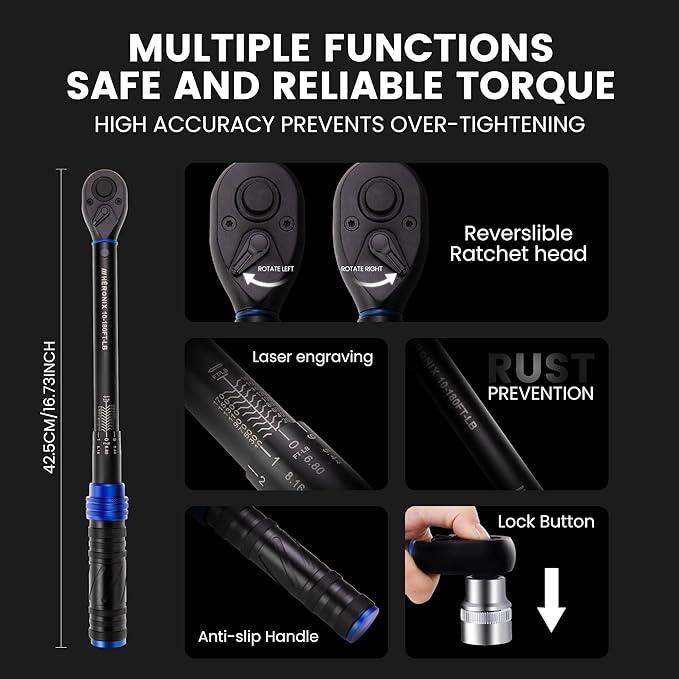 1/2 Inch Drive Click Torque Wrench and 32-Piece Impact Socket Set Bundle, 10-180 Ft.Lb High-Precision Torque Tool & Cr-V Deep SAE/Metric Sockets Master Mechanic Set