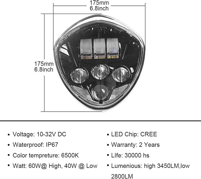 SUNPIE Motorcycle LED Headlight Assembly Compatible with Victory Cross Country/Hammer 8 Ball/High-Ball/Magnum 2008-2017, 60W High Low Beam Bright White Black Bezel Head Lights Motorbike