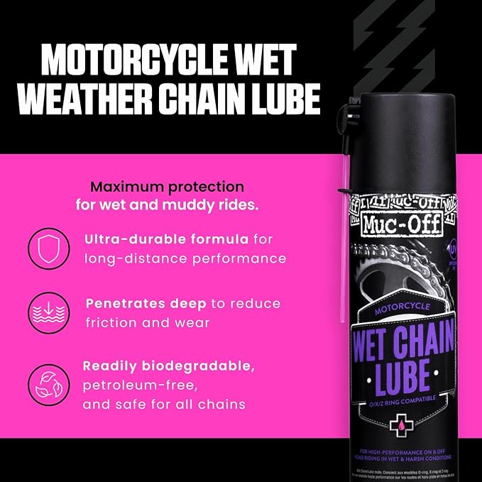 Muc Off Wet Motorcycle Chain Lube, 400 Milliliters - Premium Motorbike Chain Lubricant Spray - Formulated for Wet Weather Conditions