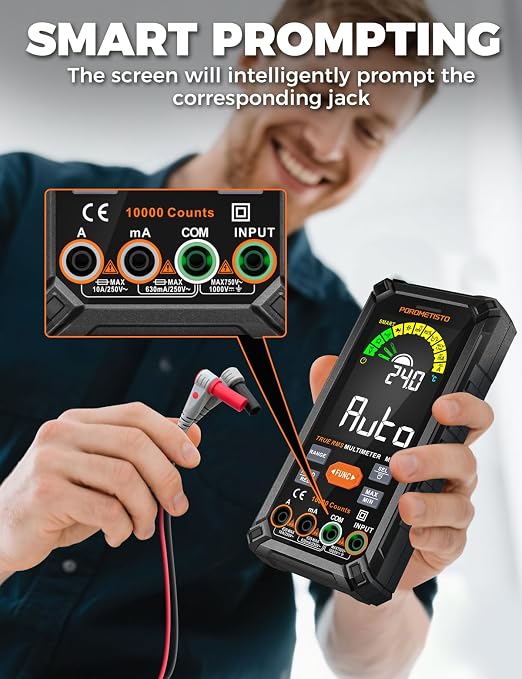 Smart Digital Multimeter Auto-Ranging,10000 Counts True-RMS | POROMETISTO Rechargeable Voltmeter Multimeter with NCV & Capacitance Check,Dual Fuse Electric Tester for HVAC & Automotive