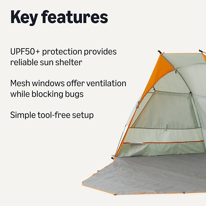 Amazon Basics Camping Sun Shelters with UPF50+ Protection, Mesh Windows for Ventilation, Simple Tool-Free Setup, 7 x 4 x 4 feet (LxWxH), Gray and Orange