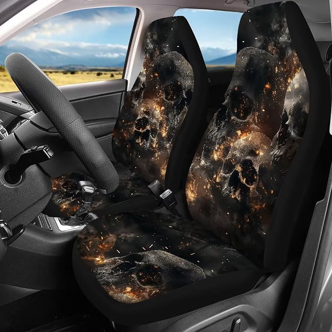 13pcs Flame Skull Print Car Seat Covers with Car Steering Wheel Covers, Armrest Pad Protectors, Seat Belt Covers and Keychain Coasters Universal Fit SUV Truck Cars Women Men Gift