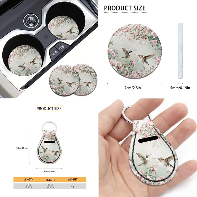 Suobstales Hummingbird Floral Print Car Seat Cover Set Interior Accessories Bucket Seat Cover Rear Split Bench Protection with Steering Wheel Cover,Seat Belt Cover Coaster,Keychains Fits Most Vehicles