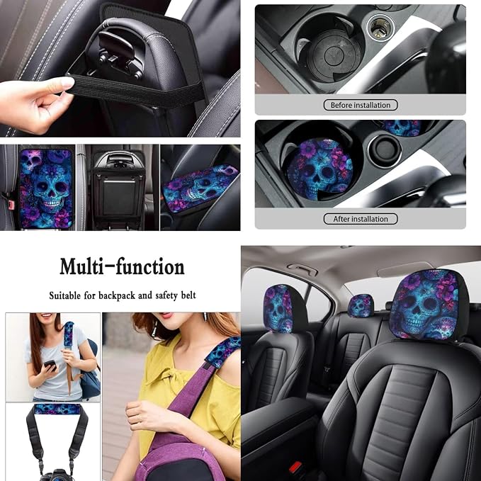 Skull Print Car Seat Cover Full Set with Floral Printed Car Accessories Set Included Car Steering Wheel Cover Seat Belt Protector Armrest Pad Cover Auto Rear View Mirror Protector