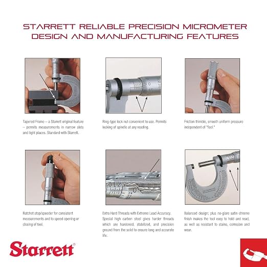 Starrett Outside Micrometer Set with One-Piece Friction Thimble, Satin Chrome Finish and Tapered Frame - Quick and Easy Adjustment, 0-6" Set Range, .001" Graduation - S436.1CXRLZ