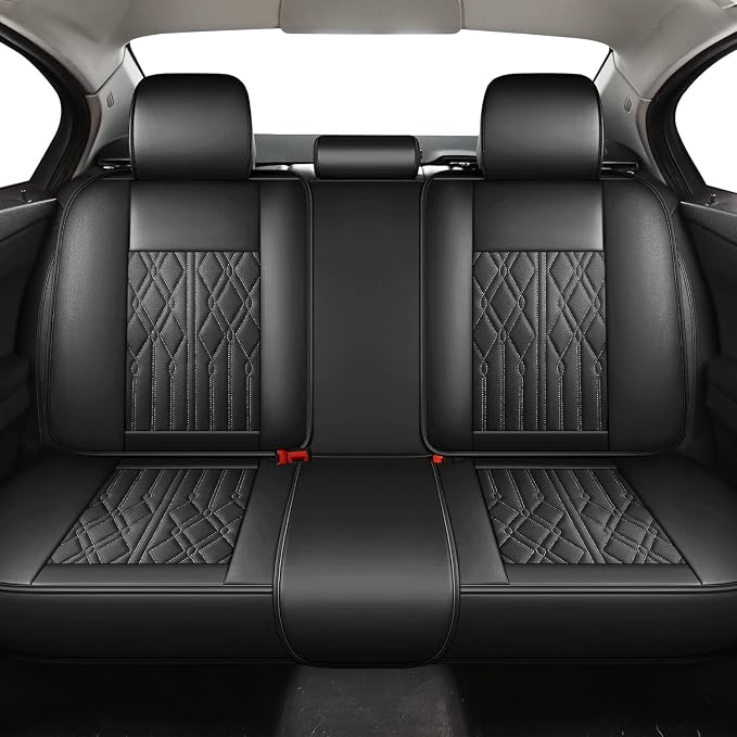 Huidasource Rear Seat Covers, Waterproof Universal Fit Rear Seat Covers for Split Bench, Faux Leather Seat Cushion Cover for Most Cars Sedan SUV Pickup Truck (Back Row/Pure Black)