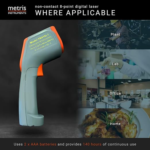 Digital Infrared Thermometer Gun Laser Temperature Gauge for Cooking, Grill, Pizza Oven, HVAC Tools, 8-Point, 76o to 932o F [-60o to 500o C] 12:1 D:S Ratio, Model TN418L1
