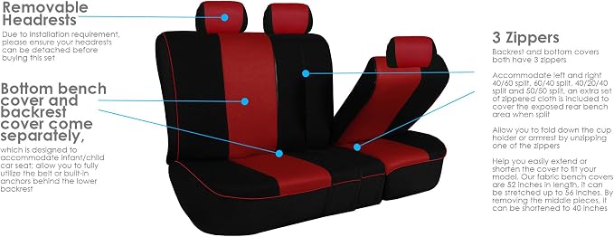 FH Group Car Seat Covers Three Row 7 Seater Cloth Car Seat Covers with Piping (Airbag and Split Ready) - Universal Fit for Cars Trucks & SUVs Red/Black