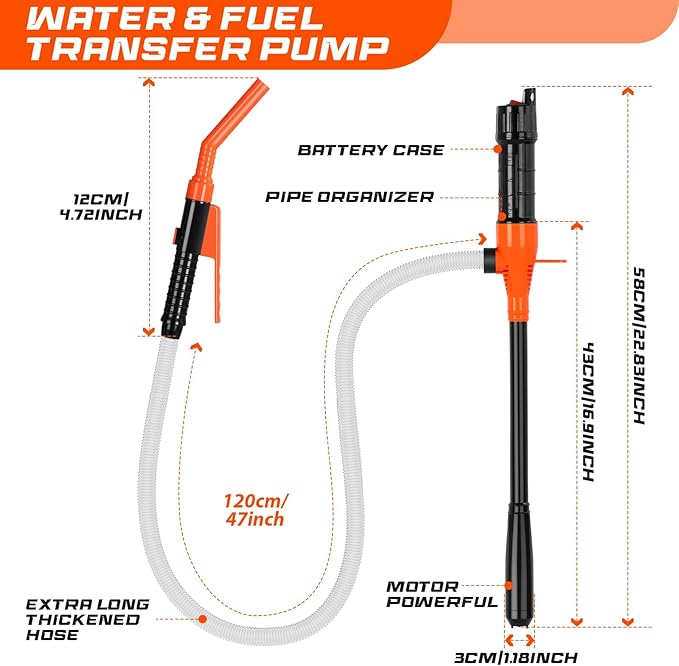 Electric Fuel Transfer Pump, 3.2GPM Portable Fluid Transfer Siphon Pump with Oil Pipeline, Battery Gas Pumps with 47 Inches Hose &Gloves for Car/RV(Orange)