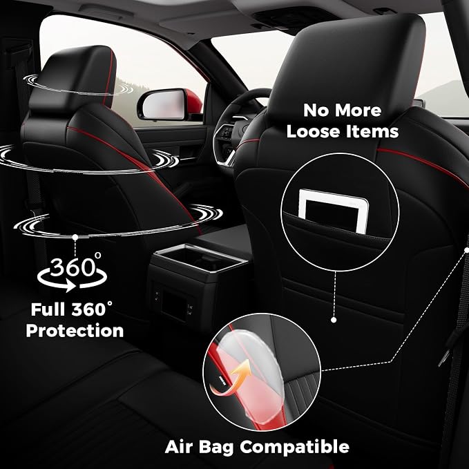 FREESOO Custom Fit Leather Tacoma Seat Covers Full Set Gen 4Th 2024-2026 Double Cab, for Sr/Sr5/Trd Prerunner/TRD Sport/TRD Off-Road/Limited, Seat Covers for Tacoma (5 Seats, BlackRed)