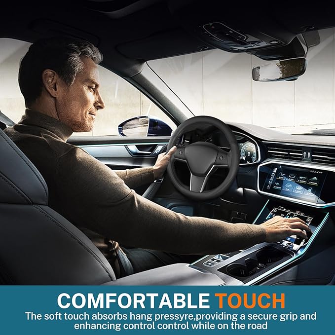 Leather Steering Wheel Cover Custom-Fit for Tesla Model 3/Y 2016-2026, Comfort Grip Design Breathable and Non-Slip, Model 3/Y Car Steering Wheel Protector, Tesla Accessories,Black(A-Style, for Tesla)
