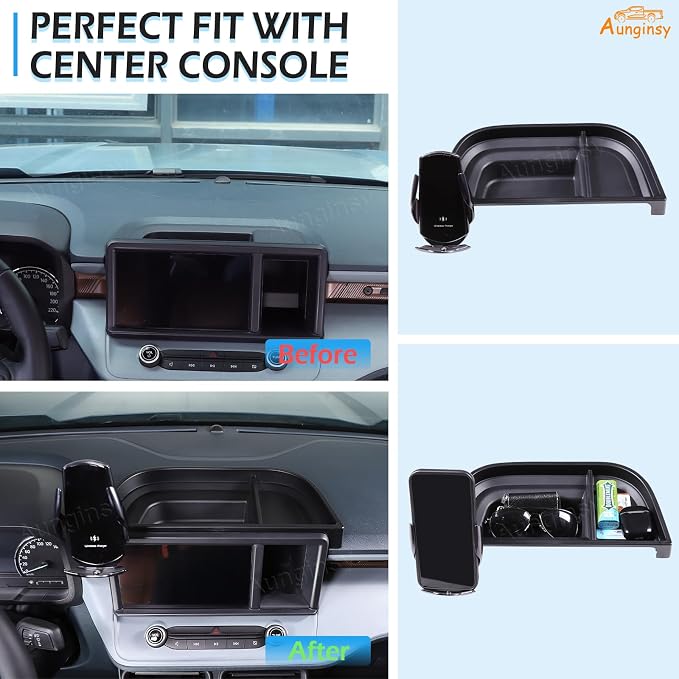 Aunginsy Center Console Dash Storage Tray Compatible with Ford Maverick 2022 2023 2024 Dashboard Multi-Functional Phone Holder Storage Box Organizer Tray Insert with Mobile Phone Mount Accessories
