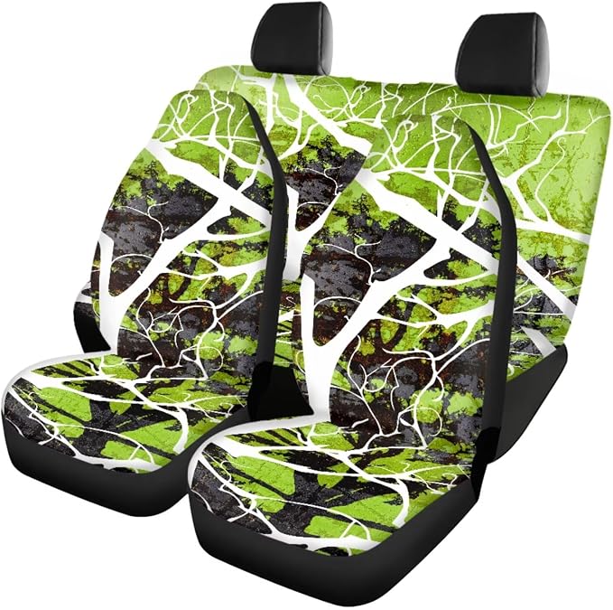 18 Pcs Green Branch Design Car Seat Covers Full Set Auto Interior Accessories with Steering Wheel Cover Floor Mats Armrest Cover Seat Belt Pads Roof Handle Wraps Cup Coaster Keychain