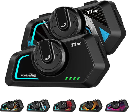 Fodsports T1 PRO Motorcycle Intercom V5.4 with Music Sharing, One-Click Switching for 4 Functional Modes, 6-Way Motorcycle Helmet Headset, FM/5 Stickers/Noise Cancellation/Stereo Music, 2 Pack