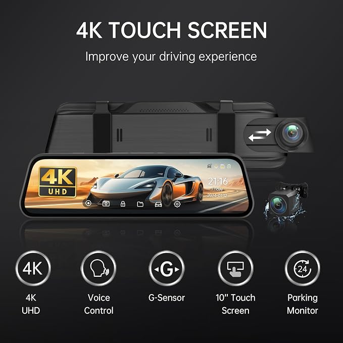Veement 4K Rear View Mirror Camera, 10'' 4K Mirror Dash Cam with 1080P Backup Camera, Dash Cam Front and Rear for Car with Voice Control, 24H Parking Mode, Night Vision, 32GB SD Card Included