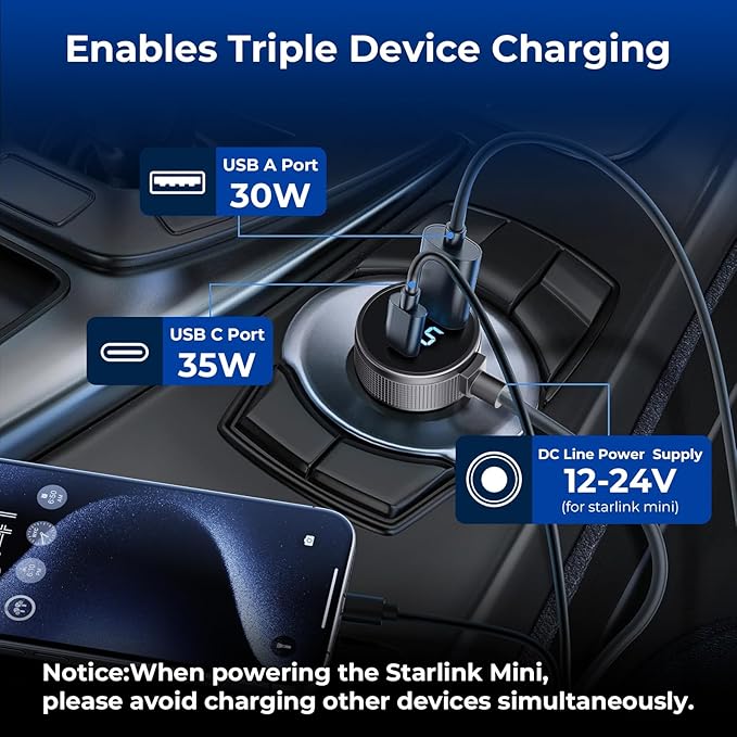 Starlink Mini Cable, 3 in 1 Starlink Mini Car Charger DC Power Cable+ Cigarette Lighter Adapter 12V-48V with Digital Display, Durable USB C PD 40W and USB A 35W Ports for Trucks and Cars (10FT)