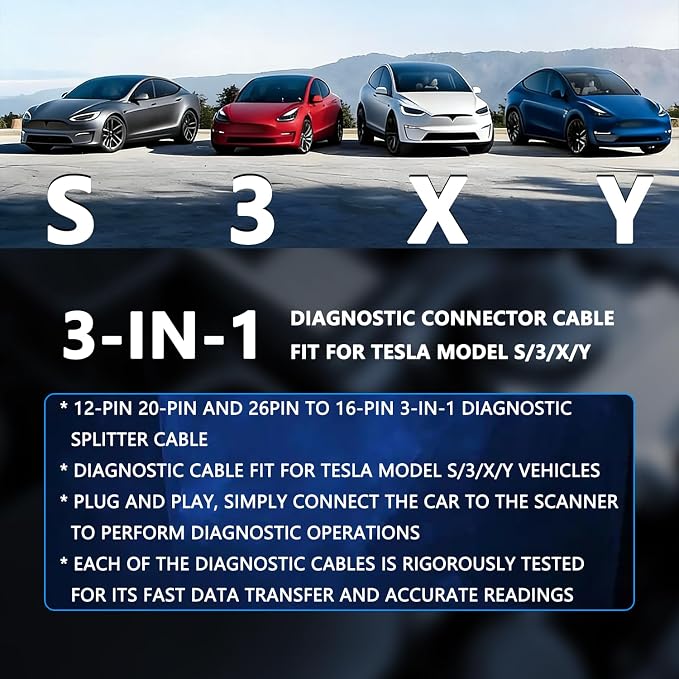 3-in-1 Diagnostic Cable for Tesla Model 3, Model Y, Model S, Model X 12-Pin, 20-Pin, 26-Pin Splitter Harness Adapter Work with Diagnostic Scanner
