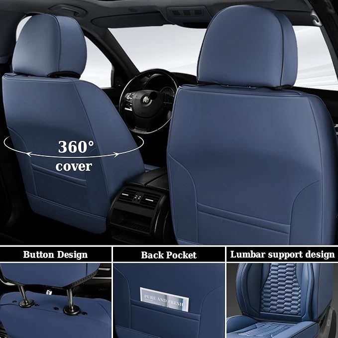 Coverado Car Seat Covers Full Set, 5 Seats Seat Covers for Cars, Nappa Leather Waterproof Car Seat Covers Automotive Seat Covers Interior Accessories Universal Fit Most Cars(Blue)