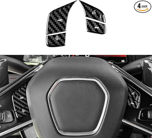 Real Carbon Fiber Steering Wheel Button Covers - 4PCS for Corvette C8 2024 2025 Carbon Fiber Accessories, Anti-Scratch Protective Accessories (Without Heating Button, Black)