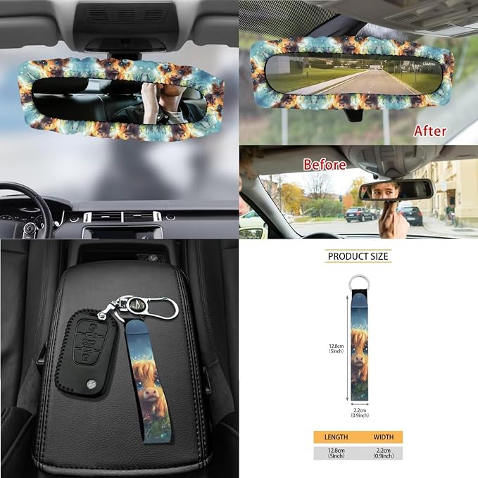 Wanyint Cute Highland Cow 15 PCS Car Seat Cover Full Set, with Steering Wheel Cover Seat Belt Covers Trash Can Air Vent Phone Holder Rear View Mirror Cover Coasters Key Chain Car Interior Accessories