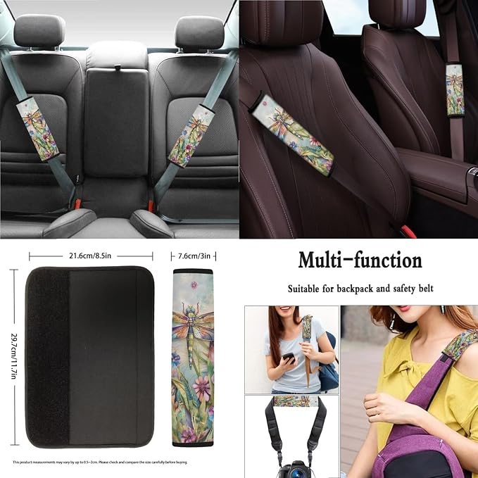 Suobstales Dragonfly Daisy Flower Print Car Seat Cover Front Back Split Bench Protector for SUV Truck Van, 15 Inch Steering Wheel Covers, Seat Belt Covers, Coasters, Keychain Auto Decor for Women Men