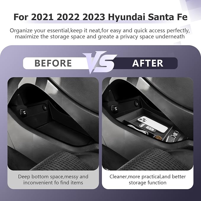 LUWU Lower Center Console Tray Storage Box for 2021 2022 2023 Hyundai Santa Fe SE/SEL/XRT/Limited/Calligraphy Accessories Armrest Console Organizer ABS Material 2022 2023 Santa Fe Accessories Black