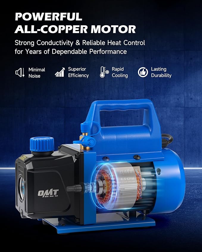 Orion Motor Tech Vacuum Pump, 4.5 cfm 1/3 hp HVAC Single Stage Vacuum Pump for R12 R22 R134a R410a R502, Auto AC Vacuum Pump Kit for Automotive Air Conditioner Resin Degassing & More, Oil Included