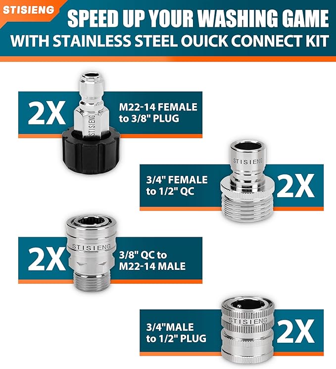 M22-14mm Pressure Washer Quick Connect Kit, M22 Swivel to 3/8" Quick Connect, 3/4" to Quick Release, Pressure Washer Adapter for Garden Hose and Power Washer Systems