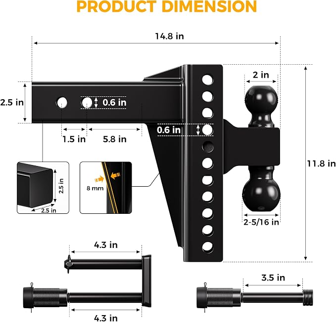 CAMMOO Adjustable Trailer Hitch, Tow Hitch Fits 2.5 inch Receiver, 8inch Rise/Drop Hitch, 2" and 2-5/16" Ball Hitch, 22000 LBS GTW Truck Hitch with U-Shaped Alloy Steel Anti-Theft Pin, Black