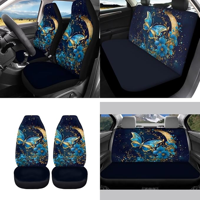 11Pcs Butterfly Car Accessory Interior Full Sets Blue Moon Butterfly Car Seat Covers Auto Seat Protection with 15Inch Neoprene Steering Wheel Cover Seatbelt Pads Keychain Seatbelt Pad