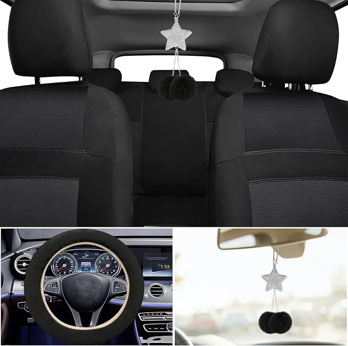 Car Seat Cover Full Set for Women with Waterproof Floor Mats,3D Air Mesh Car Seat Cover with 5mm Composite Sponge Inside,Universal Fluffy Steering Wheel Cover, Accessories Full(Black)