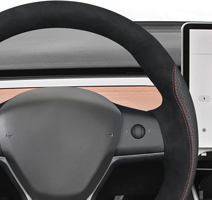 MEWANT Hand Stitch Steering Wheel Cover for Tesla Model Y 2023 Tesla Model 3 2023 Real Leather Athsuede Steering Wrap