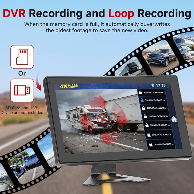 10.1 Inch 4K Touch Screen Wired RV Backup Camera System | 1080P IP69 Waterproof Camera, 4CH DVR Loop Recording & Bluetooth. For Semi Truck, Trailer, Camper, Pickup, Bus, RV