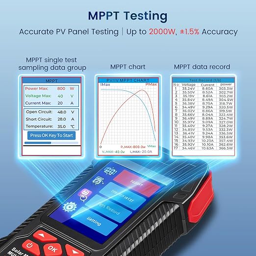 2000W Solar Panel Tester, 2-in-1 MPPT Photovoltaic Meter & 60000-Count Digital Multimeter with 2000V AC/DC, 3.2" Color Display for PV Panel Testing, Installation & Maintenance