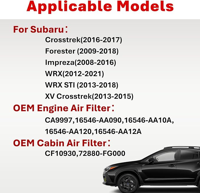 Engine Air Filter&Cabin Air Filter Combo Fits Subaru Forester 2009-2018,Crosstrek/XV Crosstrek 2013-2017,Impreza 2008-2016,WRX 2012-2021,WRX STI 2013-2018-CF10930&CA9997