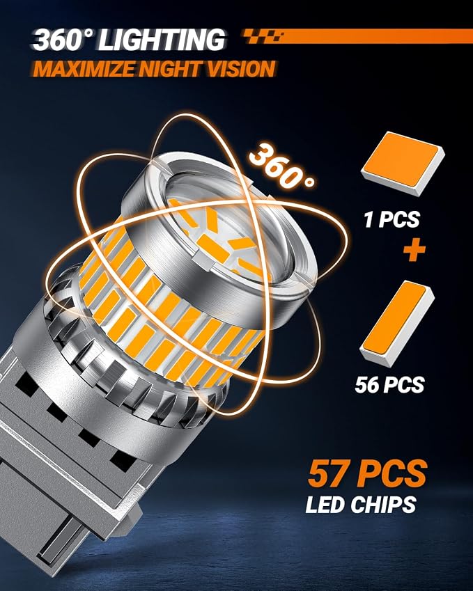 SEALIGHT Turn Signal Light Bulbs, 3157 LED Bulb Amber, 700% Brighter 3157A 3156 3057 4157 LED Bulb 57-SMD LED Chipset with Projector Len & Load Resistor for Turn Signal Light, Parking Light, 2Pcs