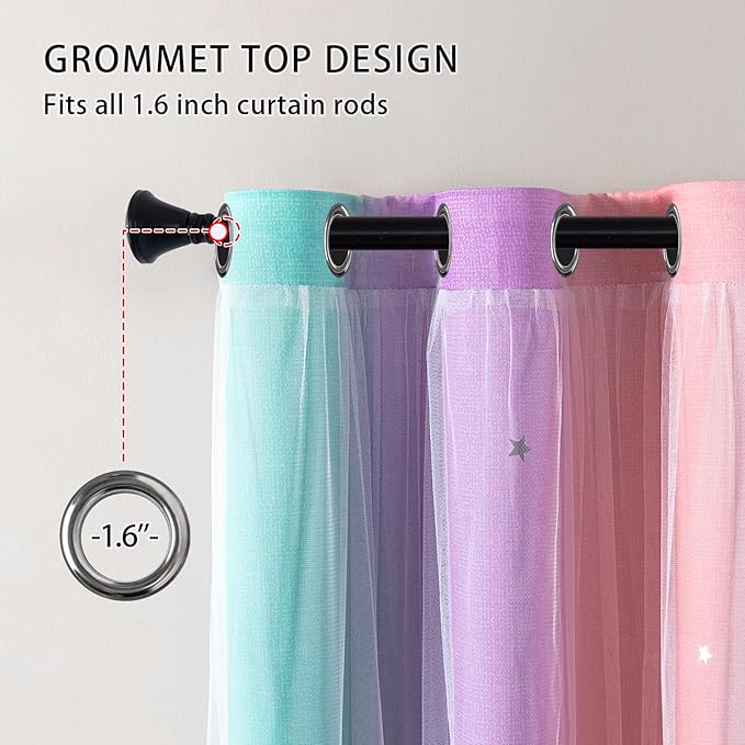 XiDi Curtains for Girls Bedroom, Full Blackout for Kids Room, Colorful Rainbow Design, Unicorn Wall Decor Pink Ombre Curtains Princess Room 72 Inches Long 34 Wide 2 Panel Sets Pink Purple Green