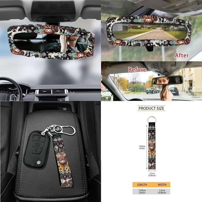 Aztec Tribe Cattle Print Car Seat Cover Sets Car Steering Wheel Cover Seat Belt Cover Trash Bin Air Vent Storage Box Front Rear View Mirror Car Cup Holder Keychain 15Pcs Car Accessories