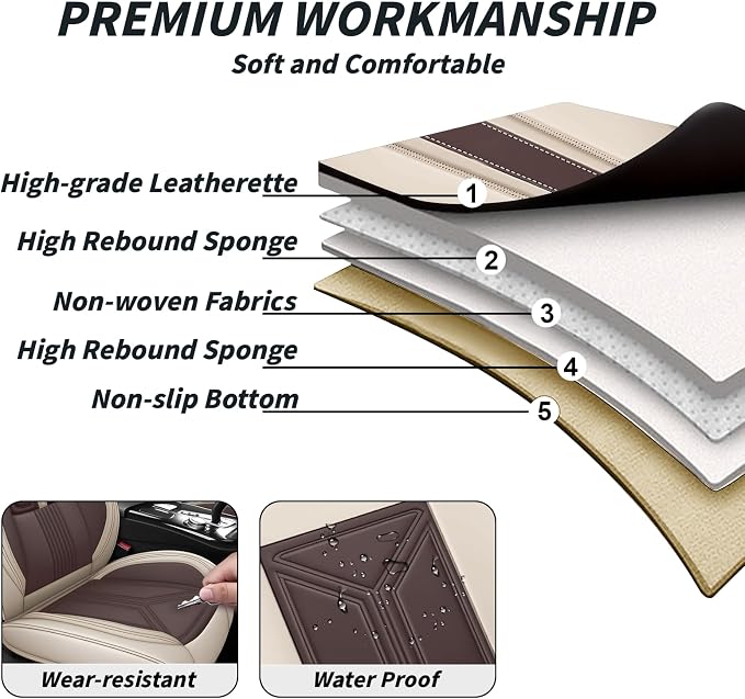 Arazi Fit for 98% of Mazda Seat Covers, 360° Full Wrap Original Seat Cover, Waterproof Nappa Leather Seat Covers with Big Space Storage Pocket Seat Protector（2 Seats Luxury, Beige&Brown）