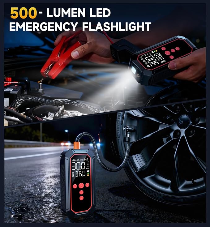 Portable Jump Starter with Air Compressor - 4000A Winter Car Battery Booster for SUVs & Trucks, Road Trip Essential with Tire Inflator & Power Bank for Interstate Travel