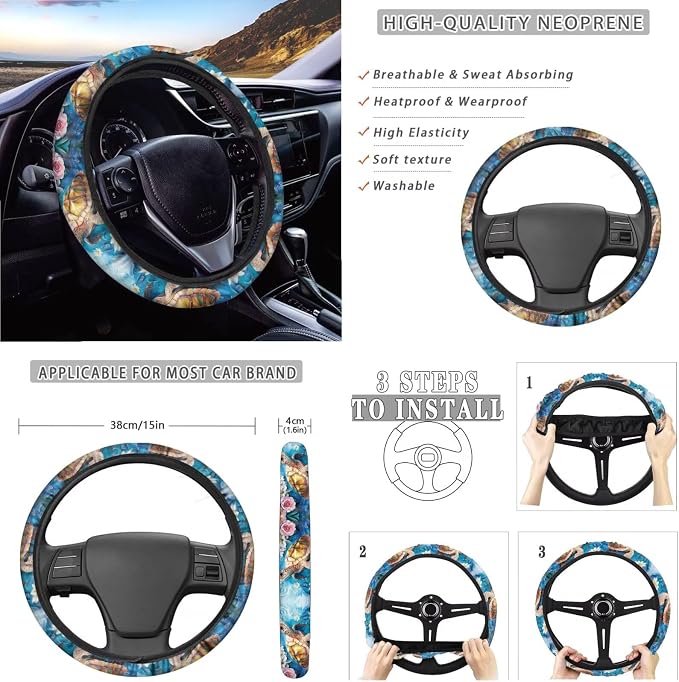 Suobstales Turtle Flower Print Car Accessories Car Seat Covers Full Set with Steering Wheel Cover + Seat Belt Covers Shoulder Pads + Coasters + Keychains Interior Cover Set of 11