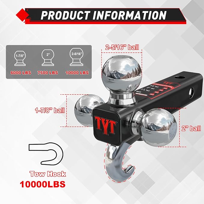 TYT Trailer Hitch Tri Ball Mount with Tow Hook,Fits 2 inch Receiver,1-7/8", 2", 2-5/16"Ball,10,000 lbs GTW,1,000 lbs TW,with Hitch pin
