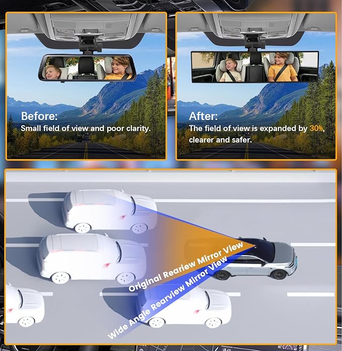 Rear View Mirror, Chrome Coat Anti-glare Panoramic Wide Angle Rearview Mirror Interior Clip-on Universal 12 Inch Convex Car Mirrors for Car SUV Trucks to Reduce Blind Spot 2 Pack