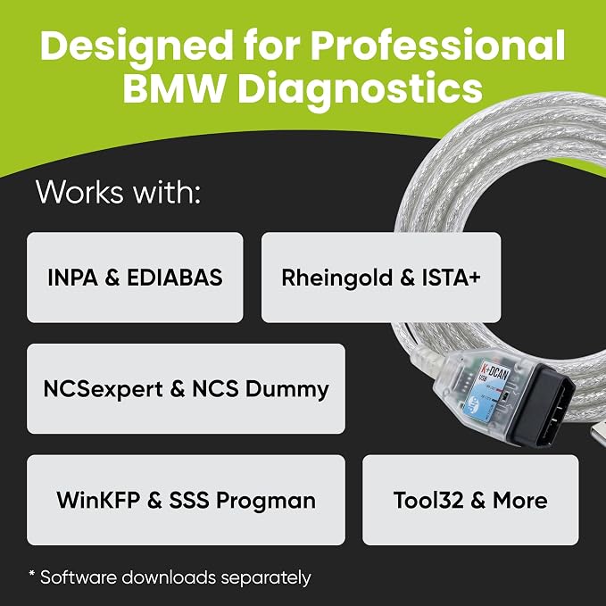 K DCAN Bimmercode USB OBD2 Cable for BMW Coding | ISTA+ INPA Rheingold OBD | Compatible with Windows | 1998-2016 E-Series